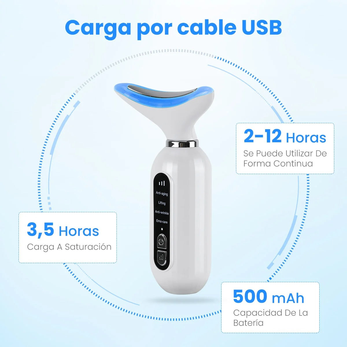 Masajeador facial LED recargable por USB, batería 500mAh, uso continuo de 2 a 12 horas